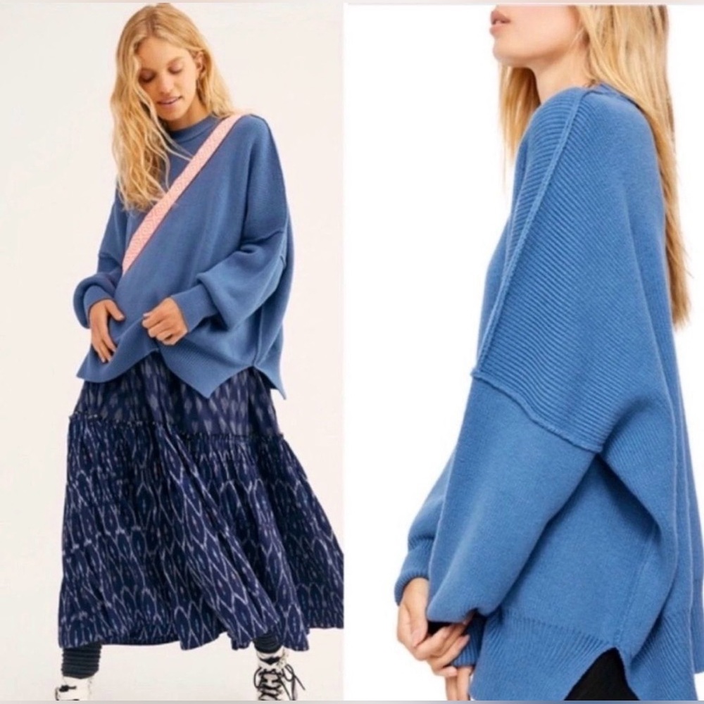 Free People Easy Street Oversized Sweater XS Fancy Blue Periwinkle Slouchy Cozy - Picture 4 of 12